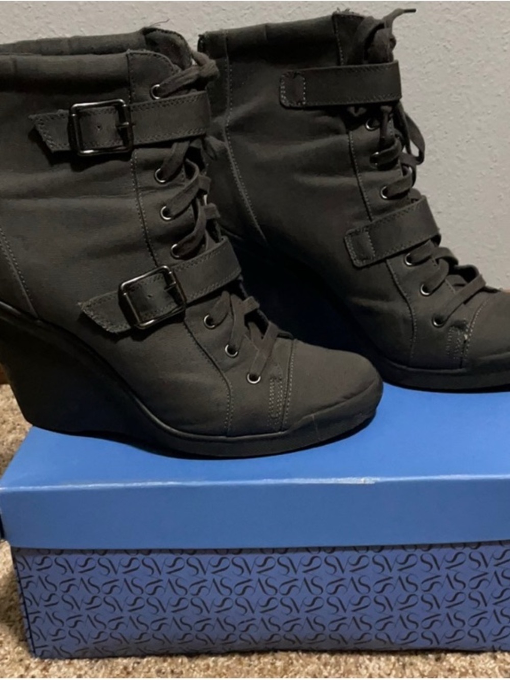 Vera Wang Black Lace-Up Wedge Ankle Boots with Buckles